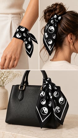 10’lu Siyah Yin Yang Desenli %100 Pamuk 52x52 cm Fular Bandana Seti