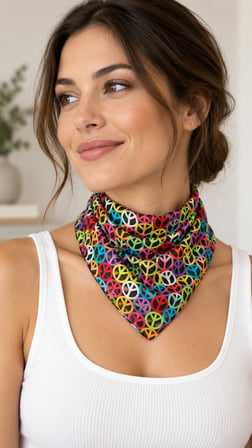 Peace Desenli Renkli 52x52 cm %100 Pamuk Fular Bandana Unisex Çok Amaçlı