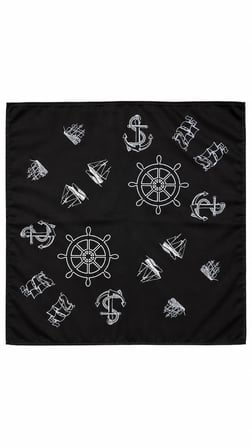 Siyah Denizci Desenli 52x52 cm %100 Pamuk Fular Bandana Çapa Gemi Dümen Motifli