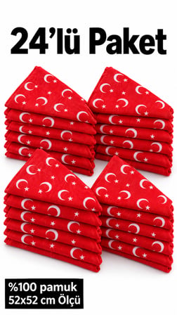 24’lü Ay Yıldızlı Kırmızı %100 Pamuk Fular Bandana 52x52 cm Okul Tören Etkinlik