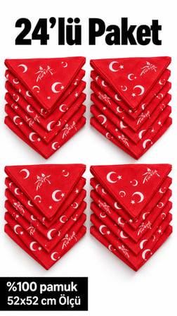24’lü Türk Bayrağı Desenli Kırmızı %100 Pamuk Fular Bandana 52x52 cm