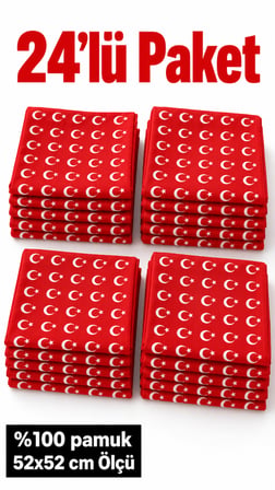 24’lü Ay Yıldız Desenli Kırmızı %100 Pamuk 52x52 cm Fular Bandana Seti