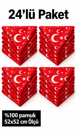 24’lü Türk Bayrağı Desenli Kırmızı %100 Pamuk Fular Bandana 52x52 cm