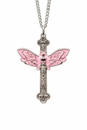 Pembe Kelebek Detaylı Gotik Haç Kolye Gümüş Renk Zincir Unisex