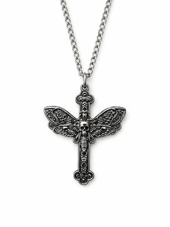 Gotik Haç Üzerinde Kuru Kafa ve Güve Figürlü Metal Kolye