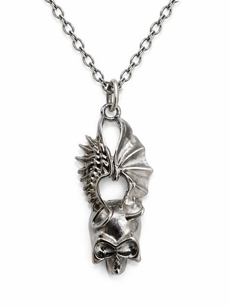 Gotik Kafatası ve Kanat Figürlü Metal Kolye Unisex Gümüş Renk