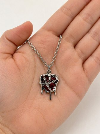Gotik Kırmızı Kalp Damla Tasarım Unisex Kolye Gümüş Renk Zincir