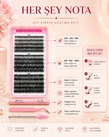 DIY Takma Kirpik Uzatma Seti 30D-100D Bond Seal Cımbız ve Fırçalı Hediye Seti