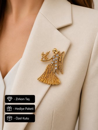 Hediye Melek Kanatlı Başak Burç Kadın Broşu Zirkon Taş Detaylı Gold Rozet