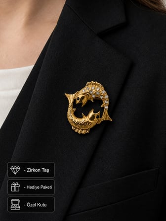 Hediye Balık Burcu Kadın Broş Gold Renk Zirkon Taşlı Rozet
