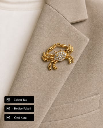 Hediye Yengeç Burcu Kadın Broş Gold Renk Zirkon Taşlı Rozet