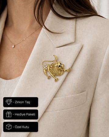 Hediye Aslan Burcu Kadın Broş Gold Renk Zirkon Taş Detaylı Rozet