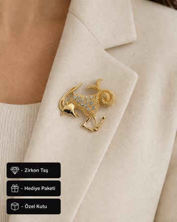 Hediye Oğlak Burcu Kadın Broş Gold Renk Zirkon Taşlı Rozet