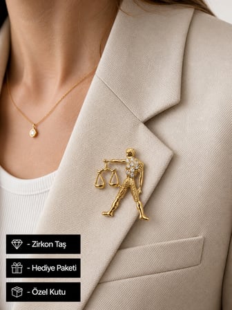 Hediye Terazi Burcu Kadın Broş Gold Renk Zirkon Taş Detaylı Rozet