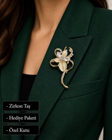 Hediye Kadın Çiçek Broş Gold Renk Zirkon Taşlı Elbise Ceket Aksesuarı