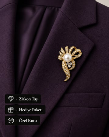 Hediye İnci Taşlı Gold Renk Kadın Broş Rozet Aksesuarı