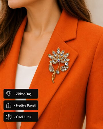 Hediye Gold Renk Zirkon Taşlı Çiçek Tasarım Kadın Broşu