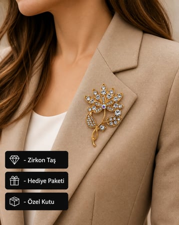 Hediye Gold Renk Zirkon Taşlı Çiçek Tasarım Kadın Broşu