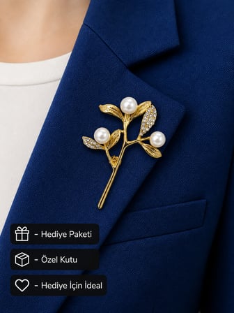 Hediye İnci Detaylı Gold Kadın Broş Zirkon Taşlı Yaprak Tasarım Rozet