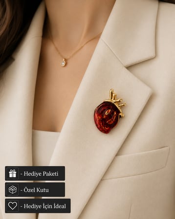 Hediye Kırmızı Kalp Tasarımlı Gold Detaylı Kadın Broşu