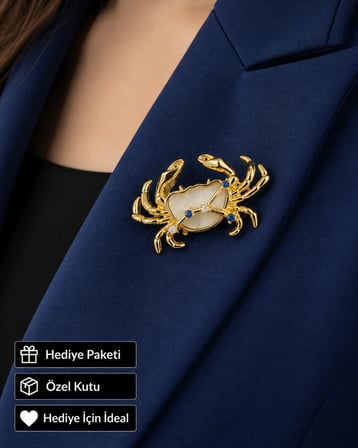 Hediye Yengeç Burcu Kadın Broşu Gold Renk Zirkon Taşlı Rozet