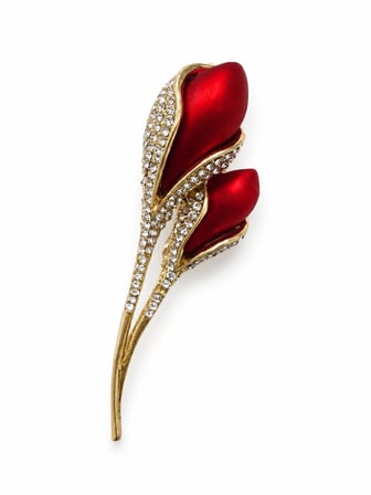 Premium Hediye Kırmızı Lale Tasarım Taş Detaylı Gold Renk Kadın Broşu