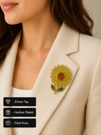 Premium Hediye Ayçiçeği Taşlı Kadın Broş Gold Renk Çiçek Tasarımlı Rozet