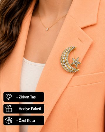 Hediye Ay Yıldız Taşlı Kadın Broş Gold Renk Zirkon Taş İşlemeli