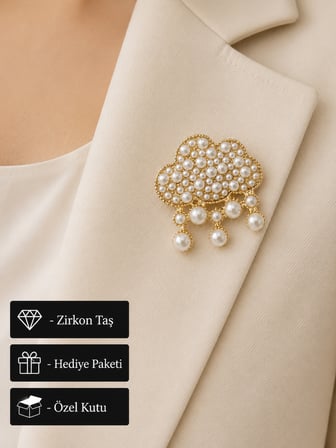 Hediye İnci Tasarımlı Gold Renk Kadın Broş Rozet Aksesuar