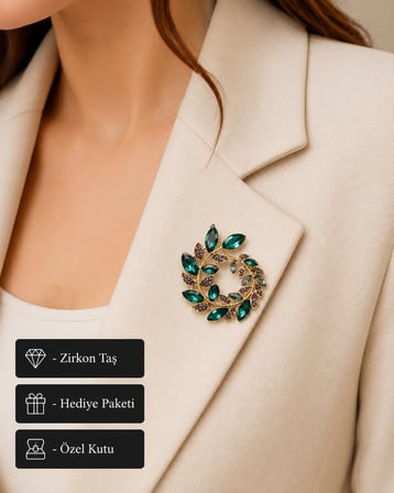 Premium Hediye Yeşil Taş Detaylı Gold Yaprak Tasarım Kadın Broşu