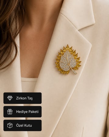 Hediye Sarı Taşlı Yaprak Kadın Broşu Gold Renk Kristal Taş Detaylı