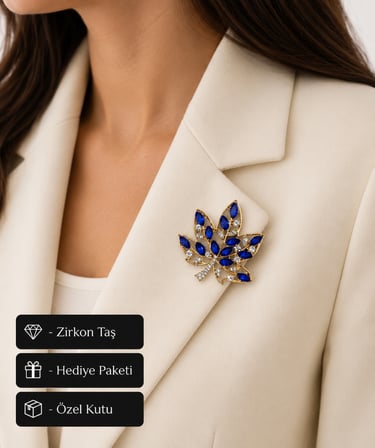 Hediye Saks Mavisi Taşlı Yaprak Kadın Broş Altın Renk Premium Tasarım Rozet