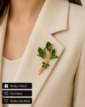 Elegant Altın Kaplama Yeşil Mineli Çiçek Demeti Broş -  Özel Şık Hediye