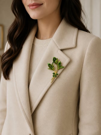 Elegant Altın Kaplama Yeşil Mineli Çiçek Demeti Broş -  Özel Şık Hediye