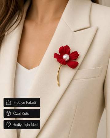 Kadın Kırmızı Çiçek Broş İncili Altın Sarısı Saplı Elegant Ceket Yaka İğnesi 