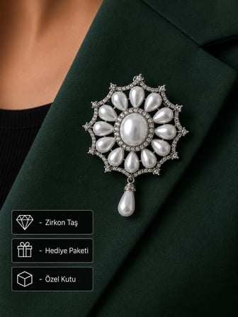 Lüks İnci Detaylı Vintage Kadın Broş - Şık ve Zarif Hediye