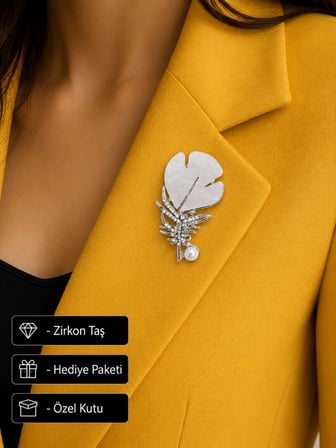 Kadın Gümüş Kaplama Sedefli Yaprak Broş - Şık Kristal Taşlı Hediye