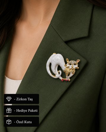 Sevgiliye ve Anneye Hediye Beyaz Mineli Taşlı Kedi Broş - Şık Hediye