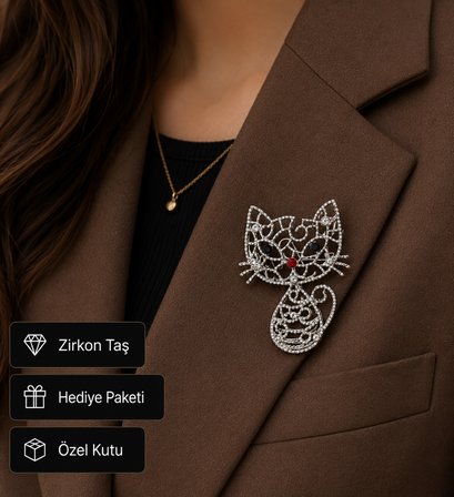 Zirkon Taşlı Kedi Figürlü Gümüş Kaplama Kadın Broş - Şık Hediye