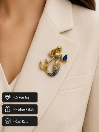 Premium Mitolojik Deniz Kızı Broş - Kadınlar İçin Işıltılı ve Şık Bir Hediye
