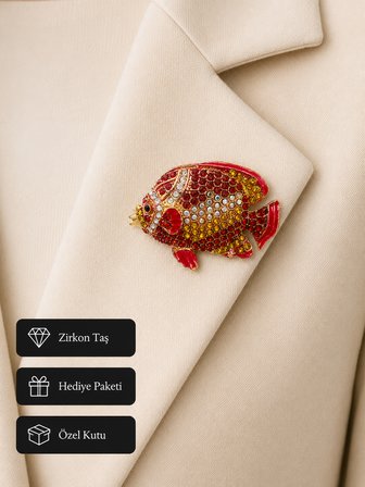 Zirkon Taşlı Kırmızı Balık Figürlü Kadın Broş - Doğum Günü ve Özel Gün Hediyesi