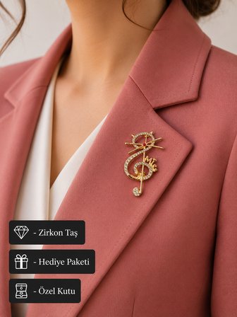 Gold Renk Kristal Taşlı Kedi ve Müzik Notası Tasarımlı Kadın Broş iğne