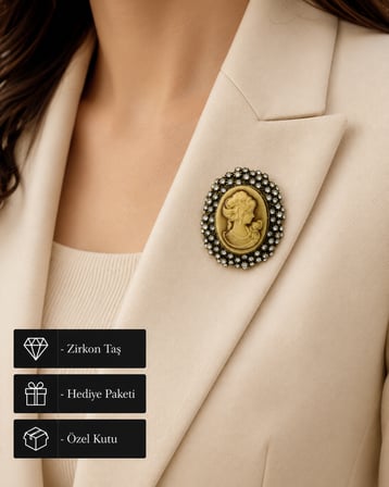 Vintage Cameo Kadın Silüeti Taşlı Broş – Antik Tasarım Zarafet Aksesuarı