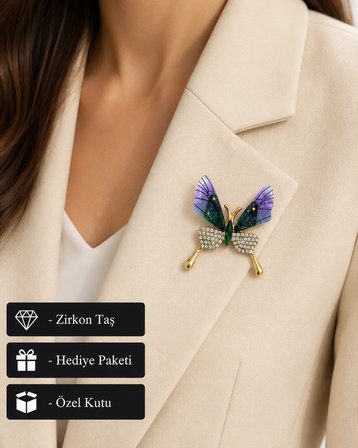 Zümrüt Işıltılı Mor Kelebek Kadın Broşu – Premium Kristal Taşlı Zarif 