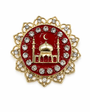 Kırmızı Mineli Camii Motifli Zirkon Taşlı Kadın Broşu – Özel Tasarım Hediye