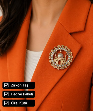 Zirkon Taşlı Osmanlı Motifli Ayasofya ve Hilal Tasarım Altın Renk Kadın Broşu