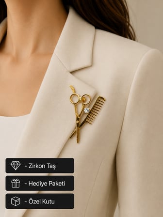 Kuaför Temalı Zirkon Taşlı Altın Renk Kadın Broşu Şık Hediye Aksesuarı