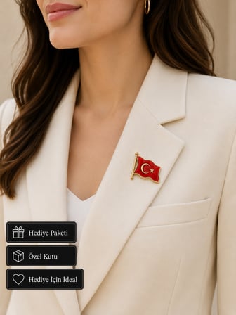 Türk Bayrağı Tasarımlı Kırmızı Mineli Kadın Broşu Şık Hediye Rozet