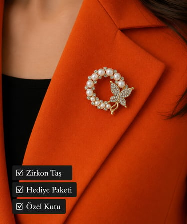 İnci ve Butterfly Figürlü Kristal Taşlı Kadın Broşu Şık Hediye Aksesuarı