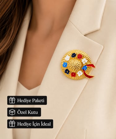 Renkli Çiçek Detaylı Altın Ton Hasır Şapka Kadın Broşu Zarif Hediye Aksesuarı